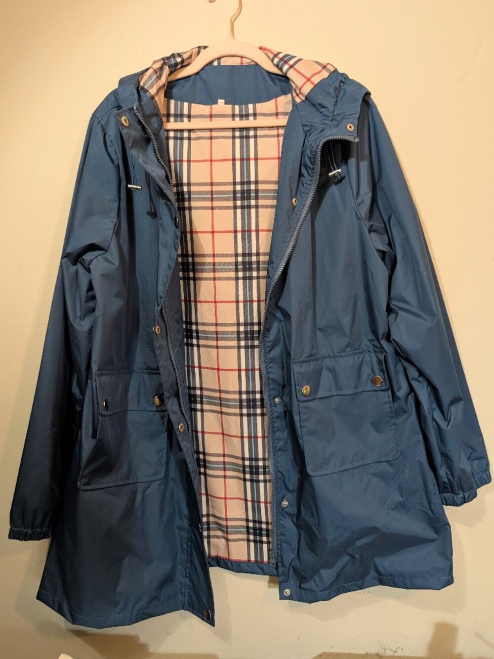 Navy Blue Rain Jacket Plaid Lined with Hood Cinched Waist Pockets Size XL PTP 24